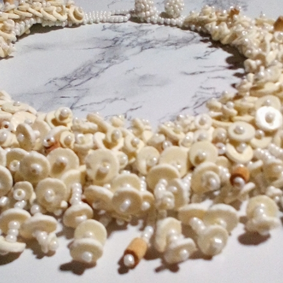 Vintage Artisan Hand Crafted Crochet MOP Ostrich Shell & Wood Beaded Necklace - Picture 8 of 12